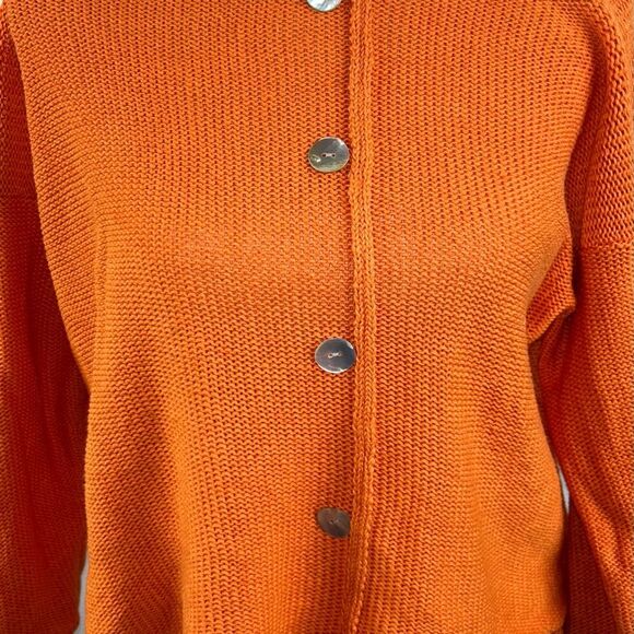 Cubix Orange Knit Sweater with Jagged hemline Button details Sz M Linen Cotton - Picture 2 of 7